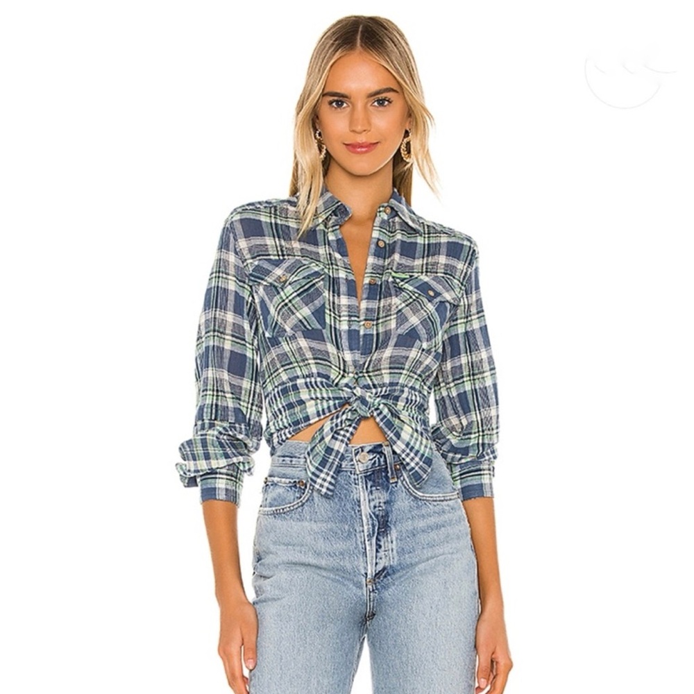 Free People First‎ Bloom Plaid Chambray Combo Shirt